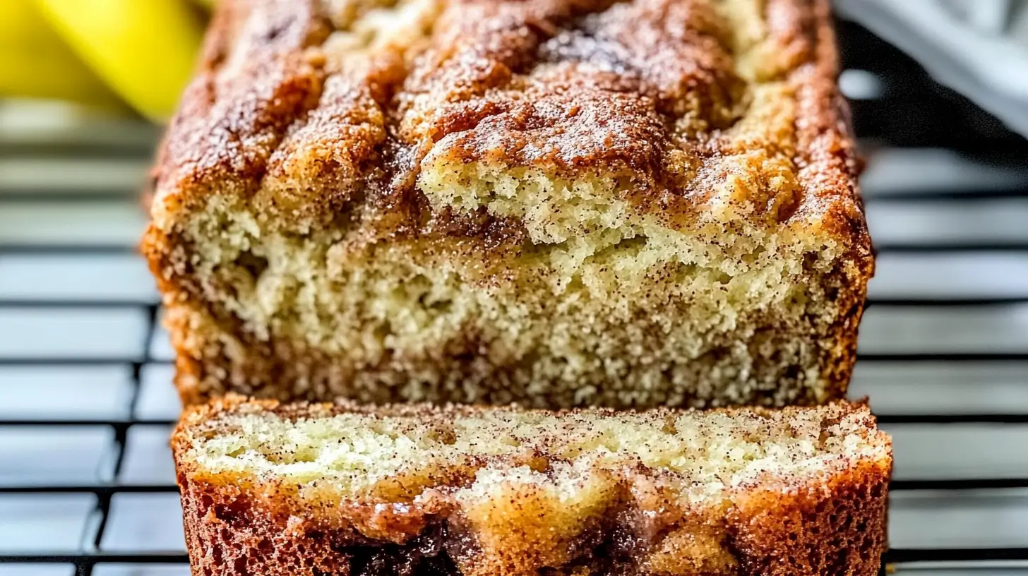 Close-up of a freshly baked Amish Cinnamon Bread with swirls of cinnamon