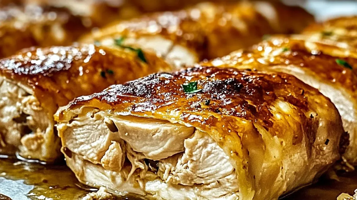 A golden-brown Costco chicken bake cut in half, showing a cheesy, tender chicken filling on a white plate, served with a side of dipping sauce.