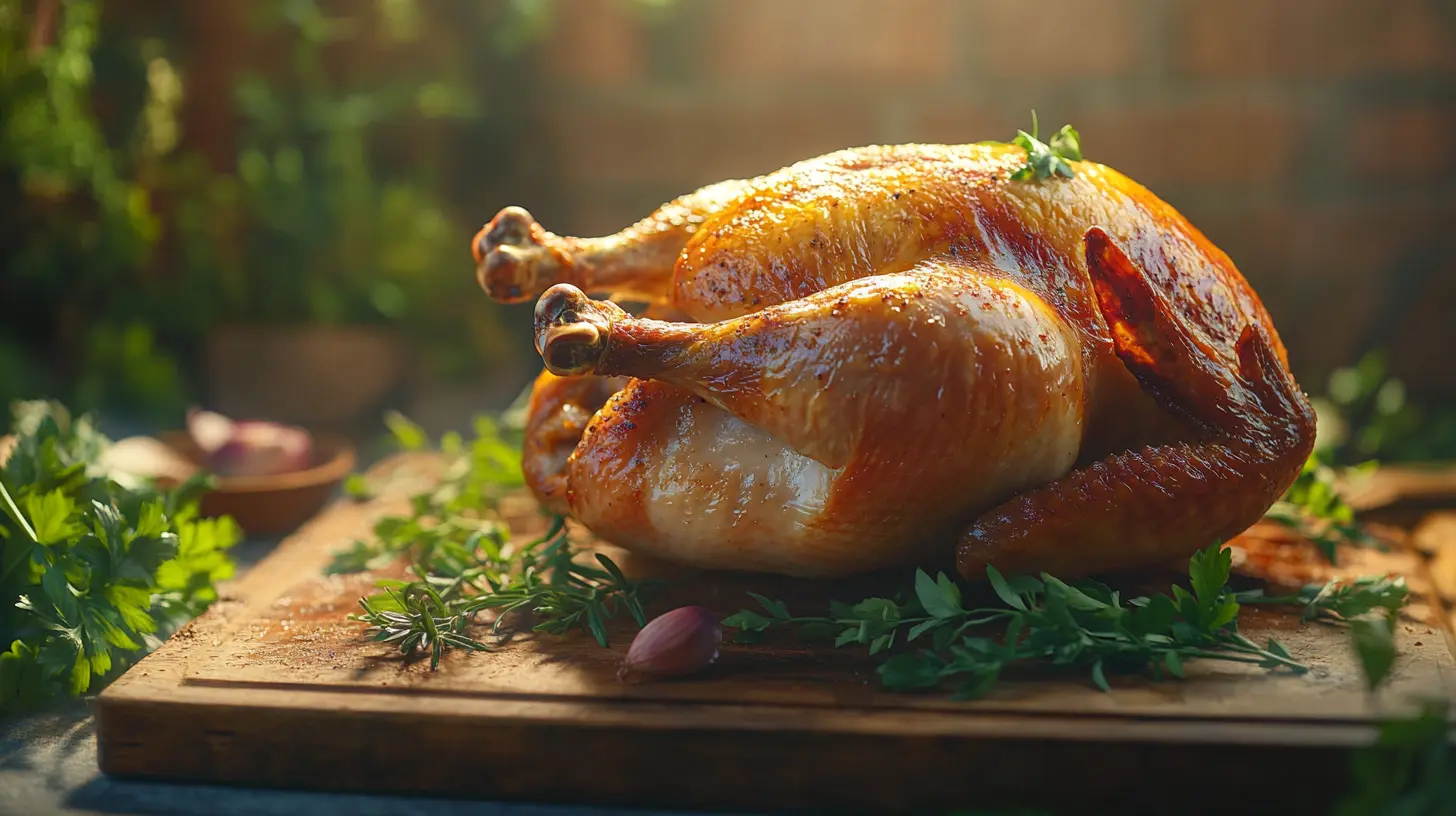 A roasted rotisserie chicken on a wooden board with herbs.