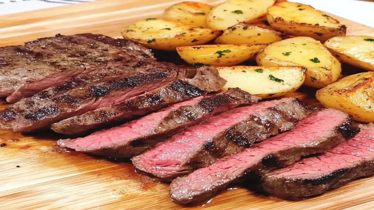 A plate of grilled steak slices and roasted potatoes garnished with herbs on a wooden serving board.