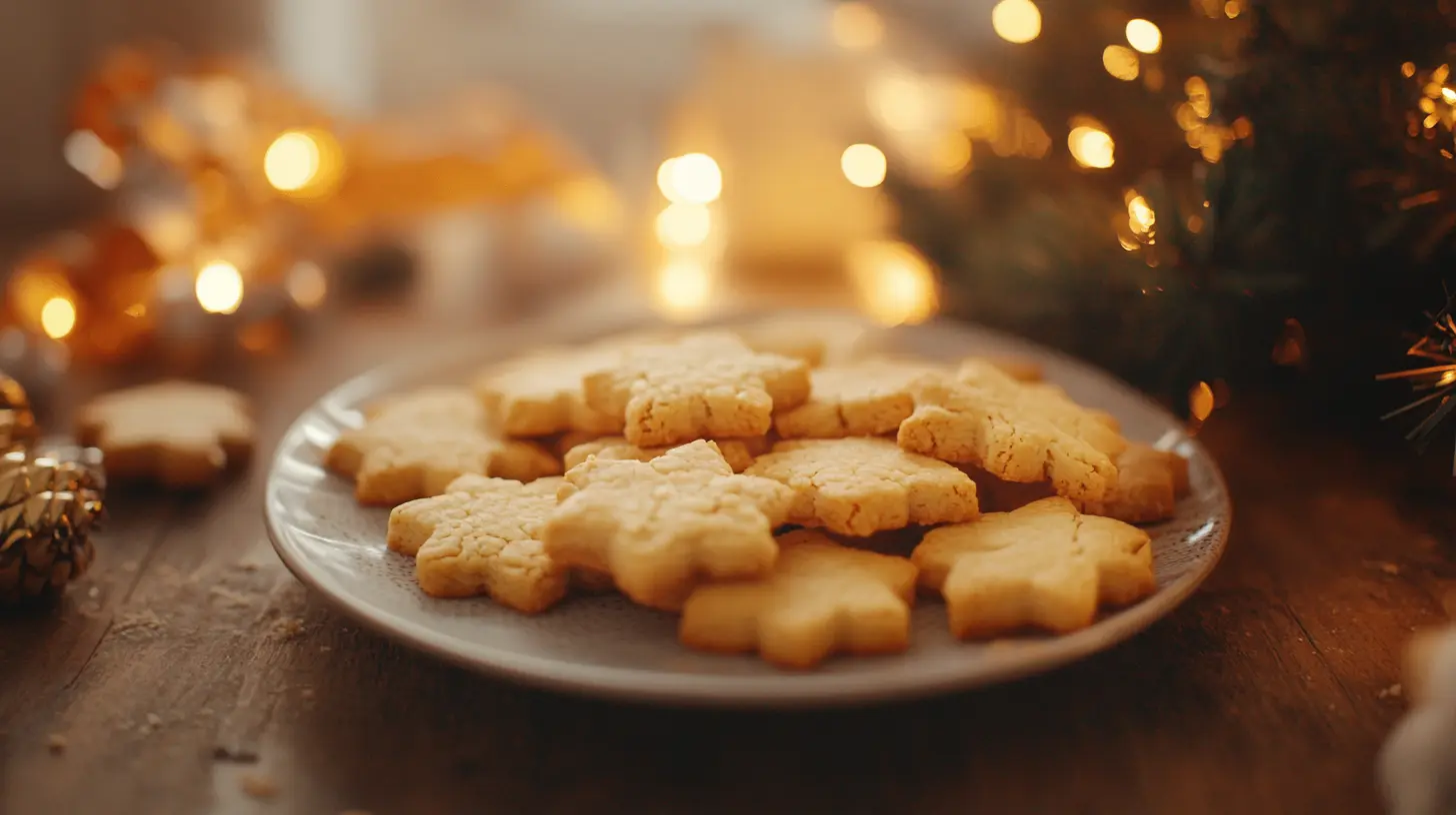 Plate of ginger shortbread cookies on a wooden table with holiday decor.