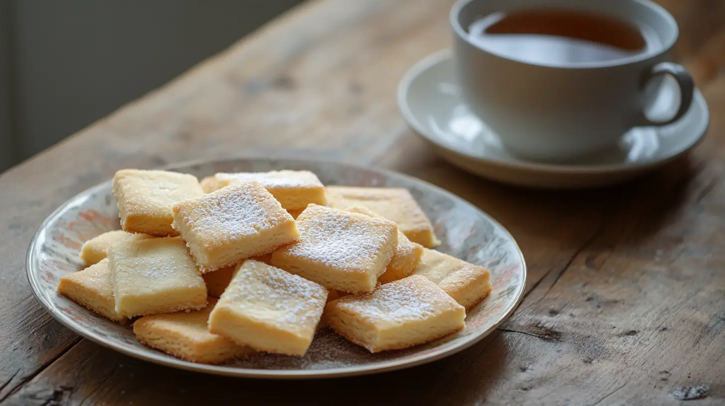 Freshly baked shortbread cookies on a plate with sugar dusting