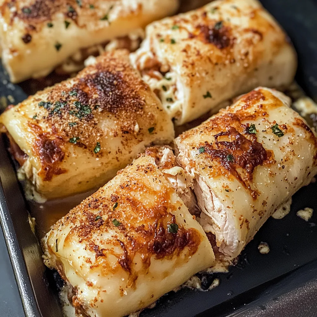 A close-up of a sliced Costco chicken bake, showcasing its cheesy, chicken-filled interior with a golden-brown crust.