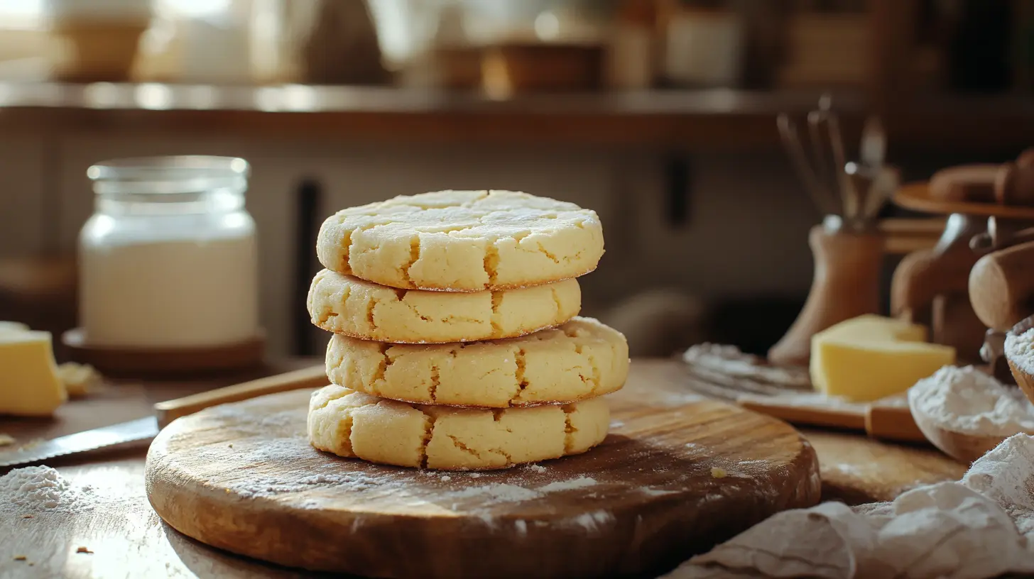 Stack of freshly baked shortbread cookies on a rustic wooden plate