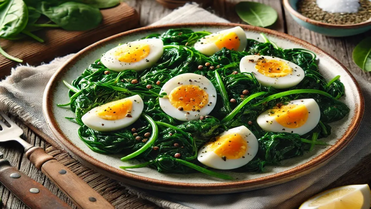 A delicious plate of spinach cooked to perfection with boiled eggs, garnished with spices and served in a rustic dish.