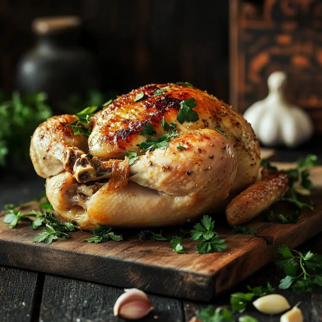 Golden brown rotisserie chicken on a wooden cutting board with parsle