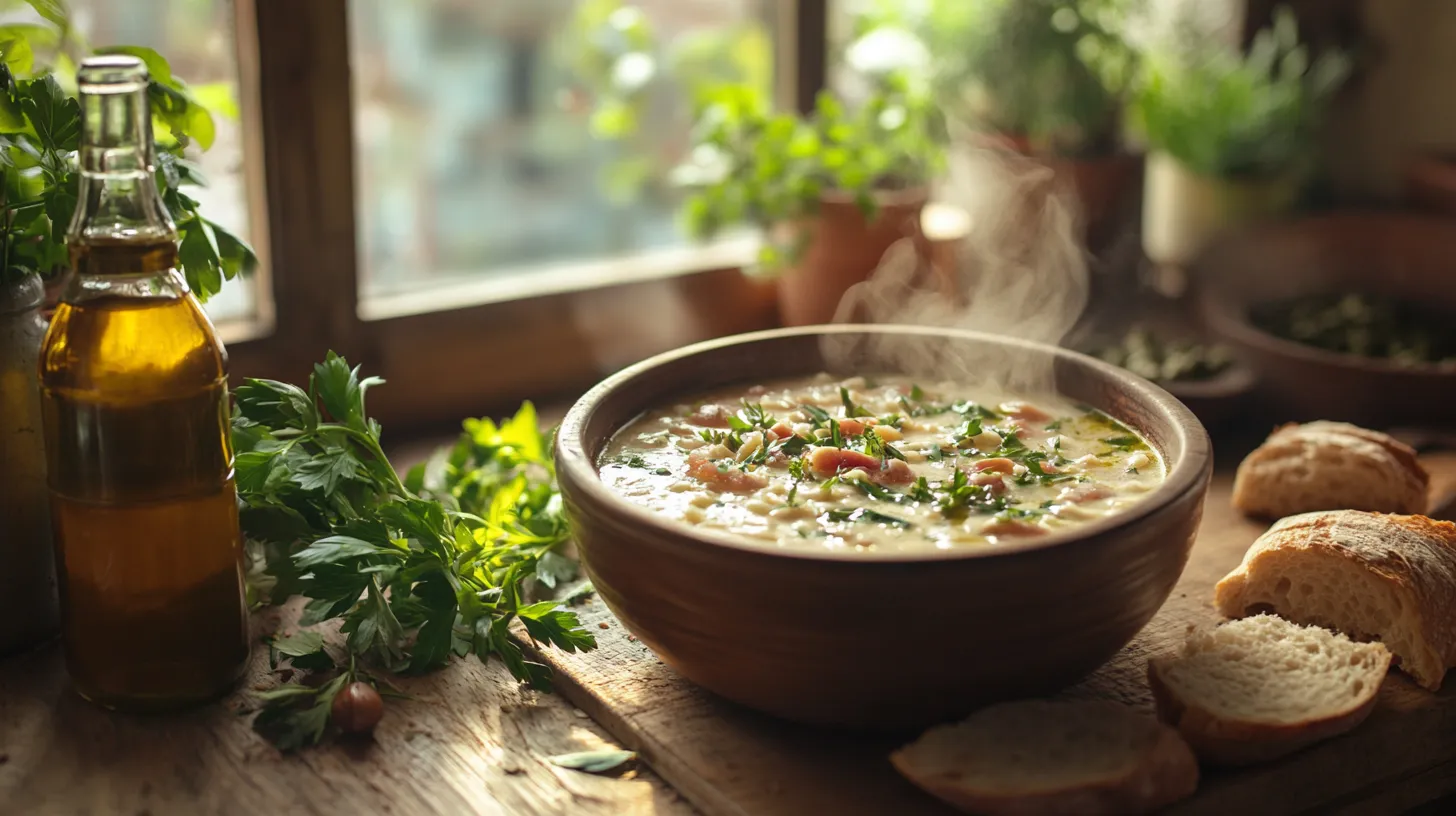 A steaming bowl of Zuppa Toscana on a rustic wooden table.