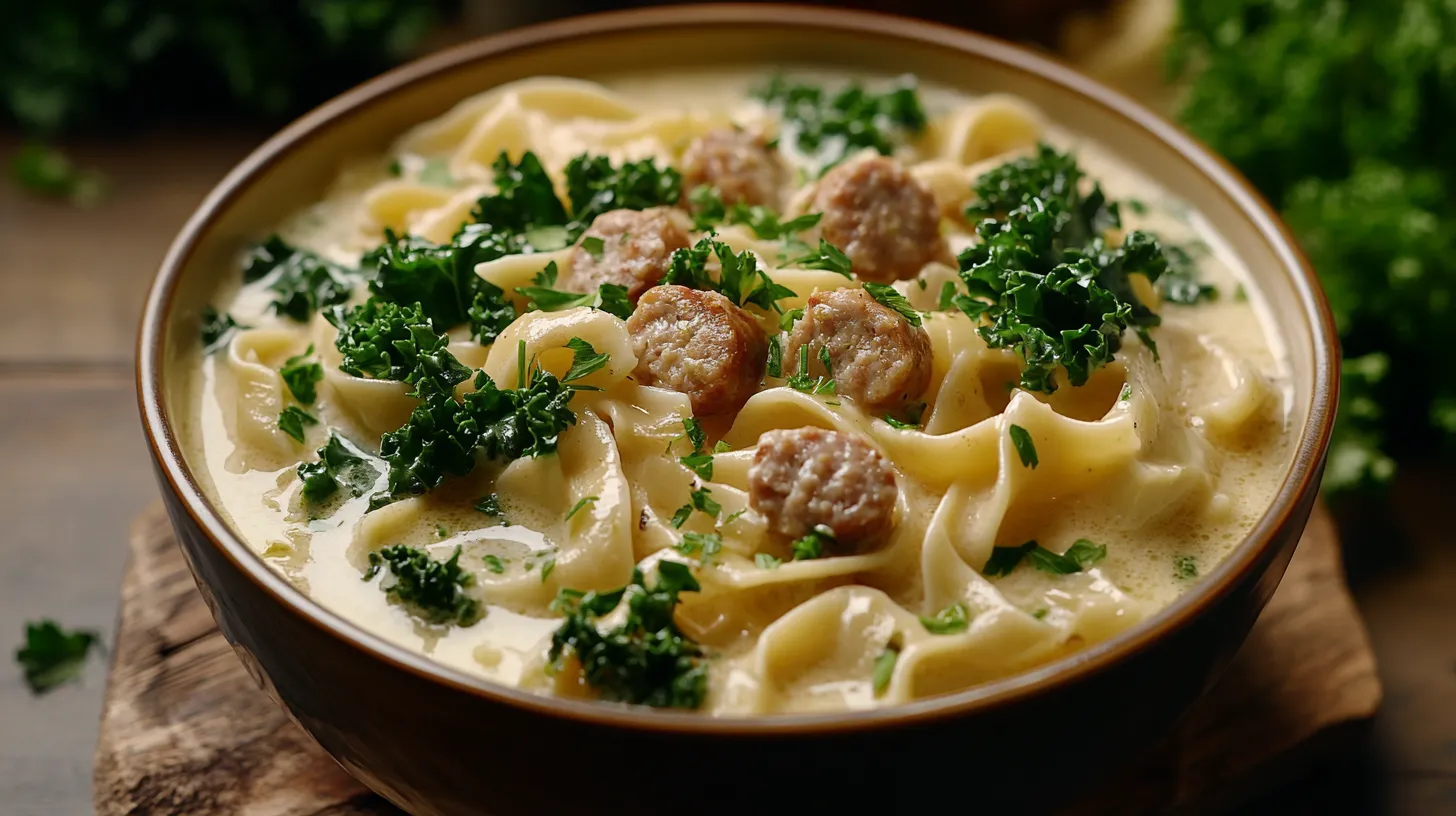 A creamy bowl of Zuppa Toscana pasta.