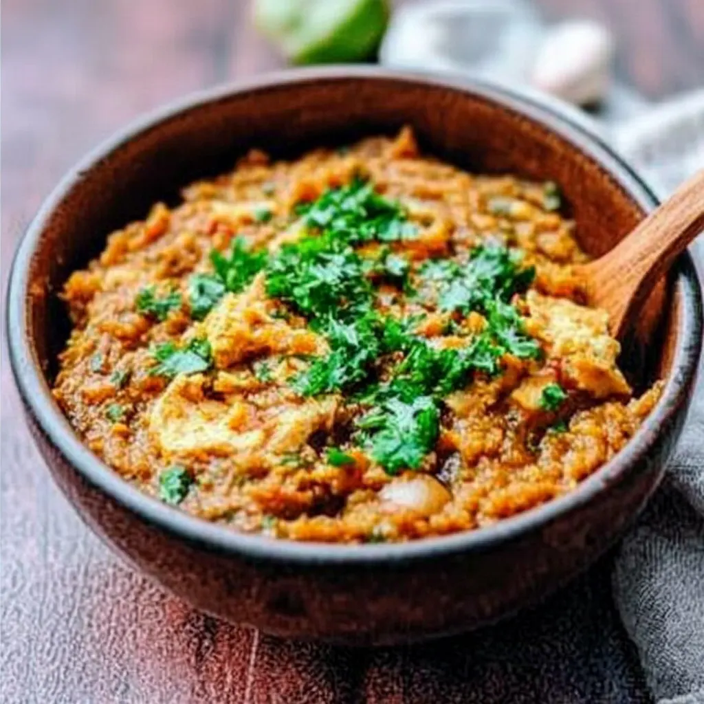 A plate of spicy egg bharta made with mashed boiled eggs, sautéed onions, tomatoes, and garnished with green chilies and cilantro.