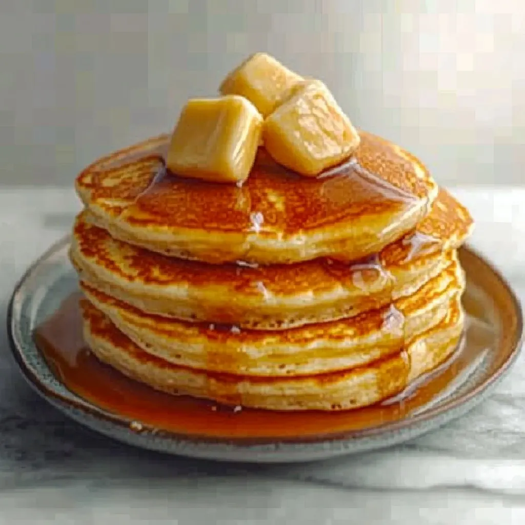 A plate of golden-brown, egg-free pancakes stacked high, drizzled with maple syrup and garnished with fresh berries.