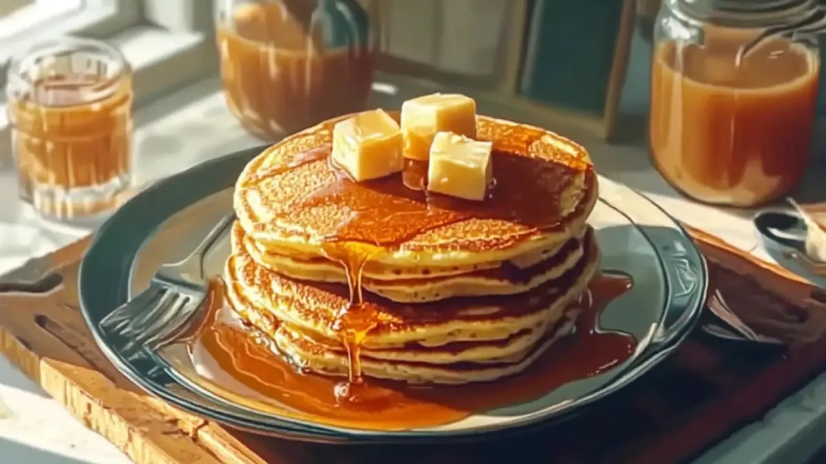 A stack of fluffy pancakes topped with fresh berries and maple syrup, made without eggs, served on a white plate.