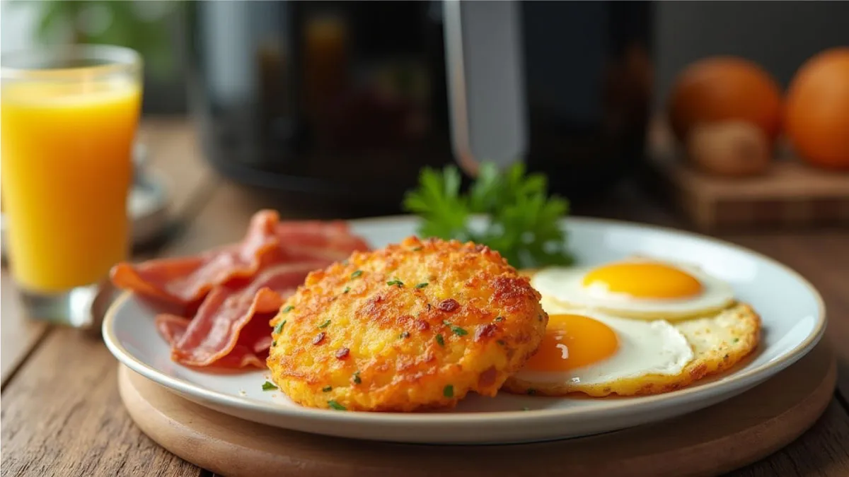 Plate of crispy air fryer hash browns with breakfast sides.