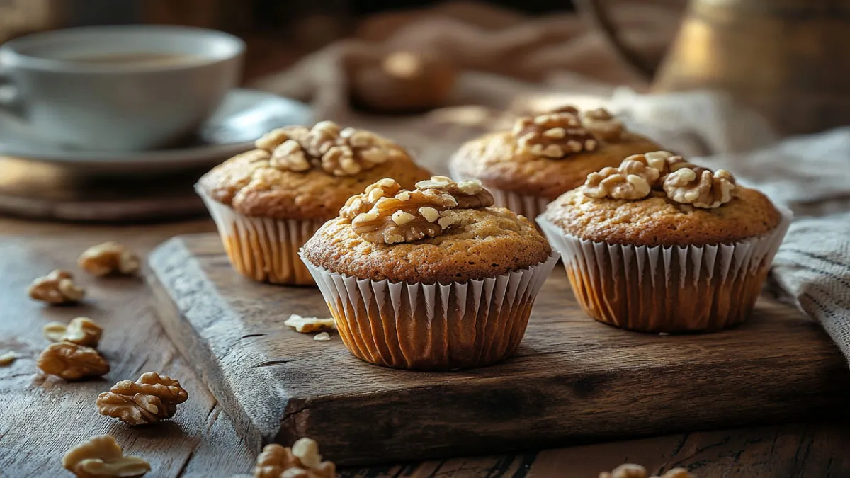 Freshly baked walnut muffins on a rustic kitchen table.