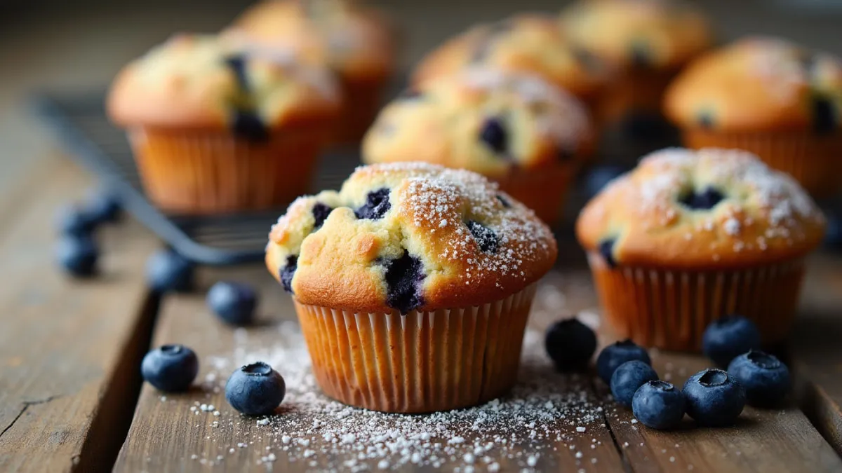 Blueberry muffins on a rustic table with fresh blueberries.