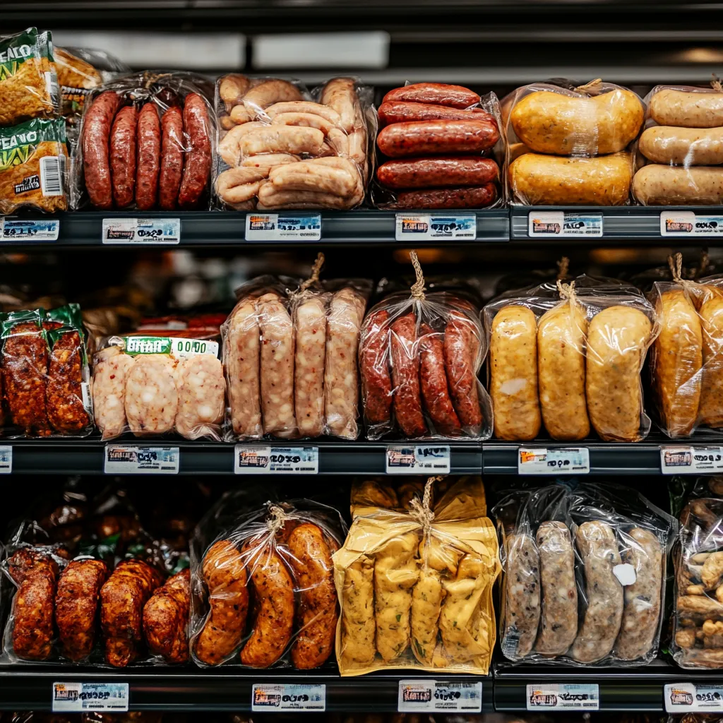 Packaged chicken andouille sausage in a store.