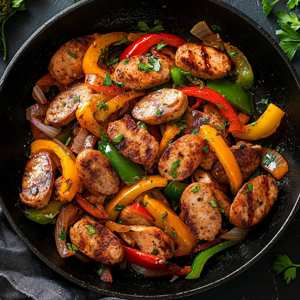 Chicken andouille sausage cooking with peppers and onions.