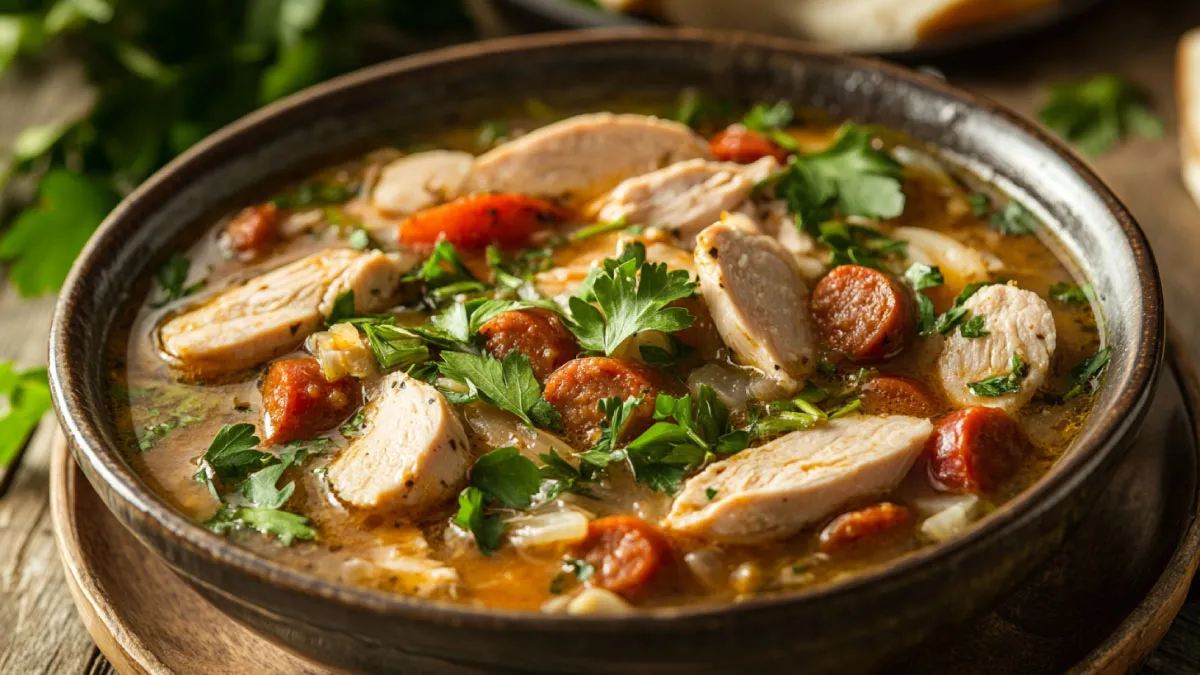 Plated chicken andouille sausage gumbo with parsley.