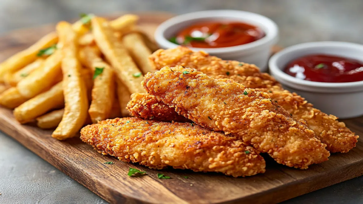 Crispy chicken tenders and golden fries with dipping sauces on a wooden platter.