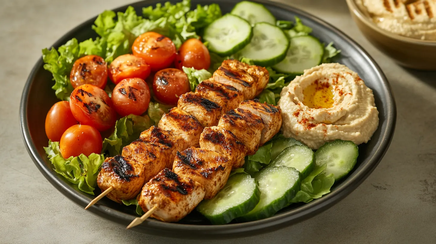 Grilled chicken kebabs with fresh vegetables and dips.