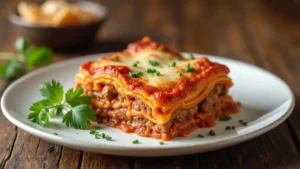 Costco Lasagna served with layers of cheese, meat, and sauce.