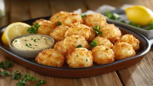 A platter of crispy crab balls with tartar sauce and lemon.