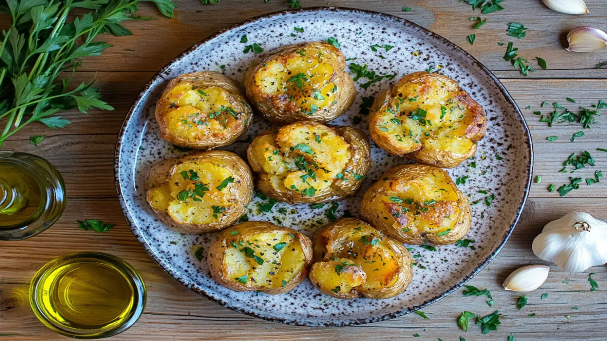 Golden smashed potatoes made in an air fryer with fresh herbs.