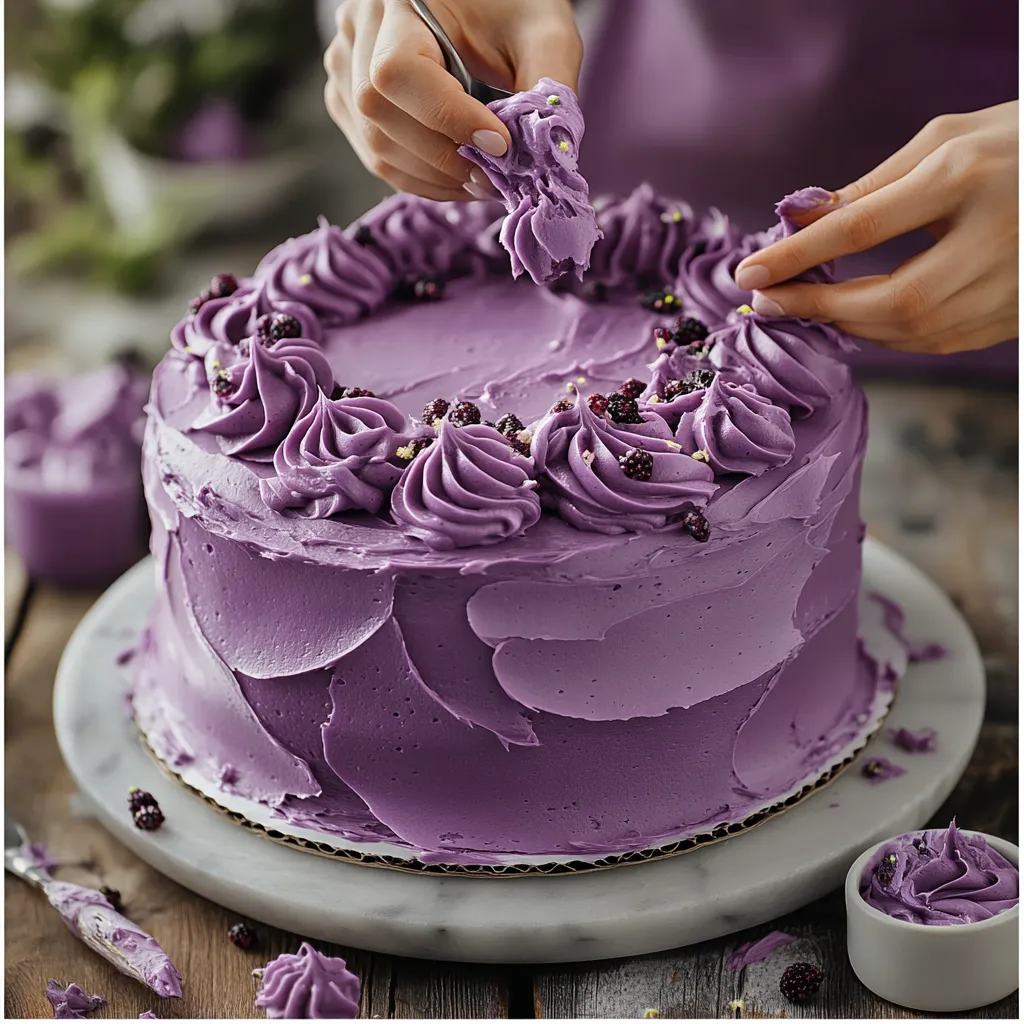 Hands decorating a purple velvet cake with frosting and sprinkles.