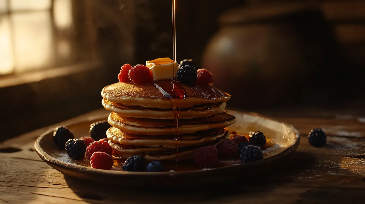 Stack of fluffy golden brown pancakes with butter and berries