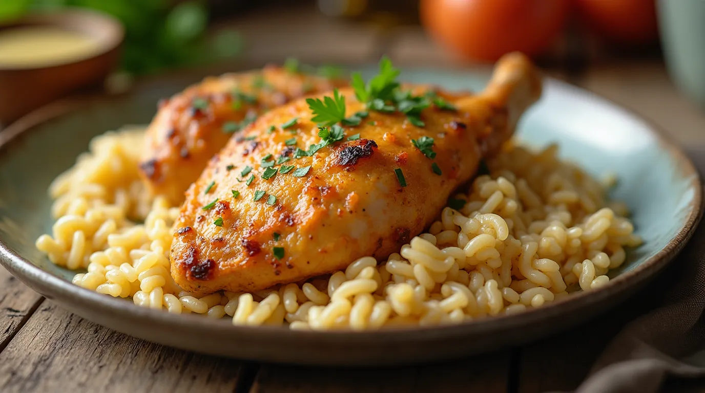 Forgotten chicken recipe served on a rustic table.