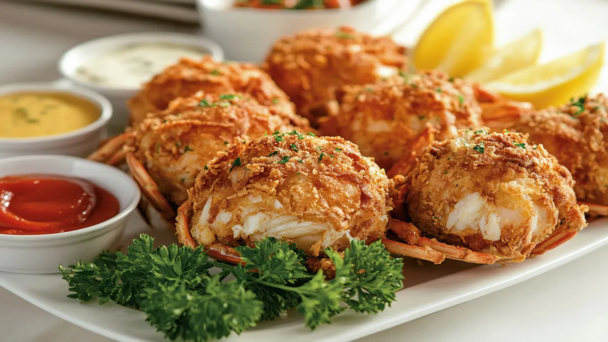 Golden fried crab balls on a platter with lemon and sauces.