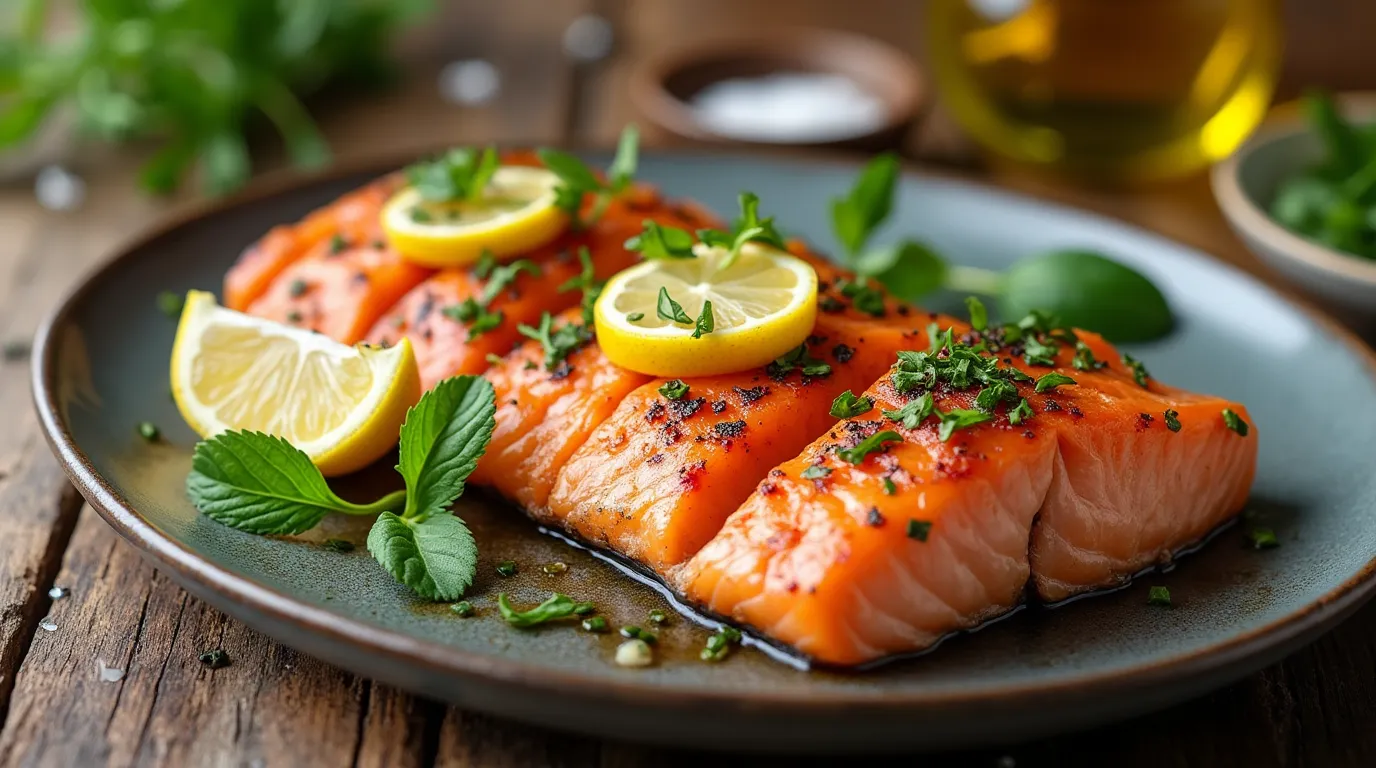 Grilled salmon belly with lemon and herbs on a rustic table