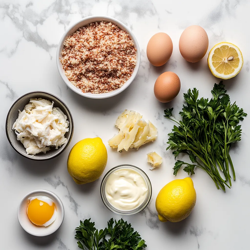 Ingredients for making crab balls on a marble surface.