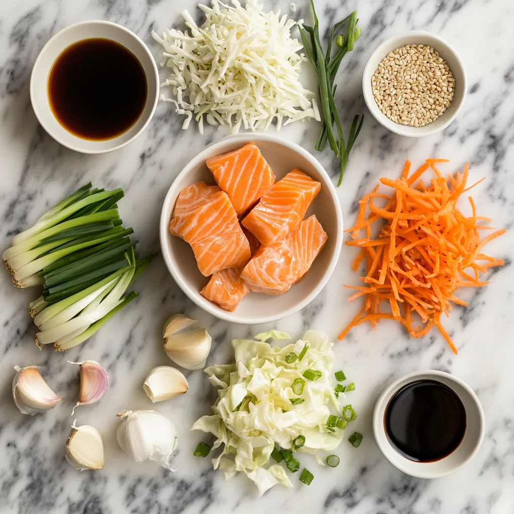 Ultimate Guide to Making the Perfect Salmon Egg Roll Recipe 2 Ingredients for salmon egg rolls arranged on a marble surface.