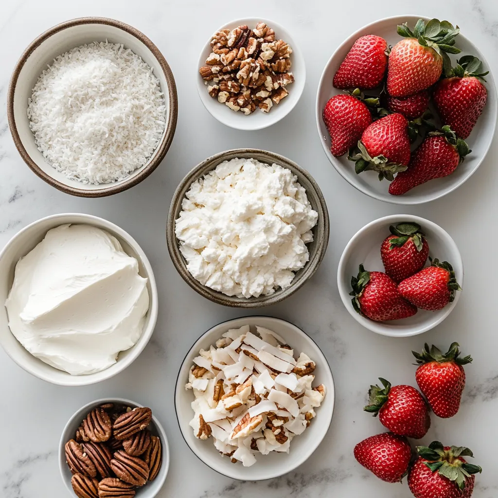 Strawberry earthquake cake ingredients on a marble surface.