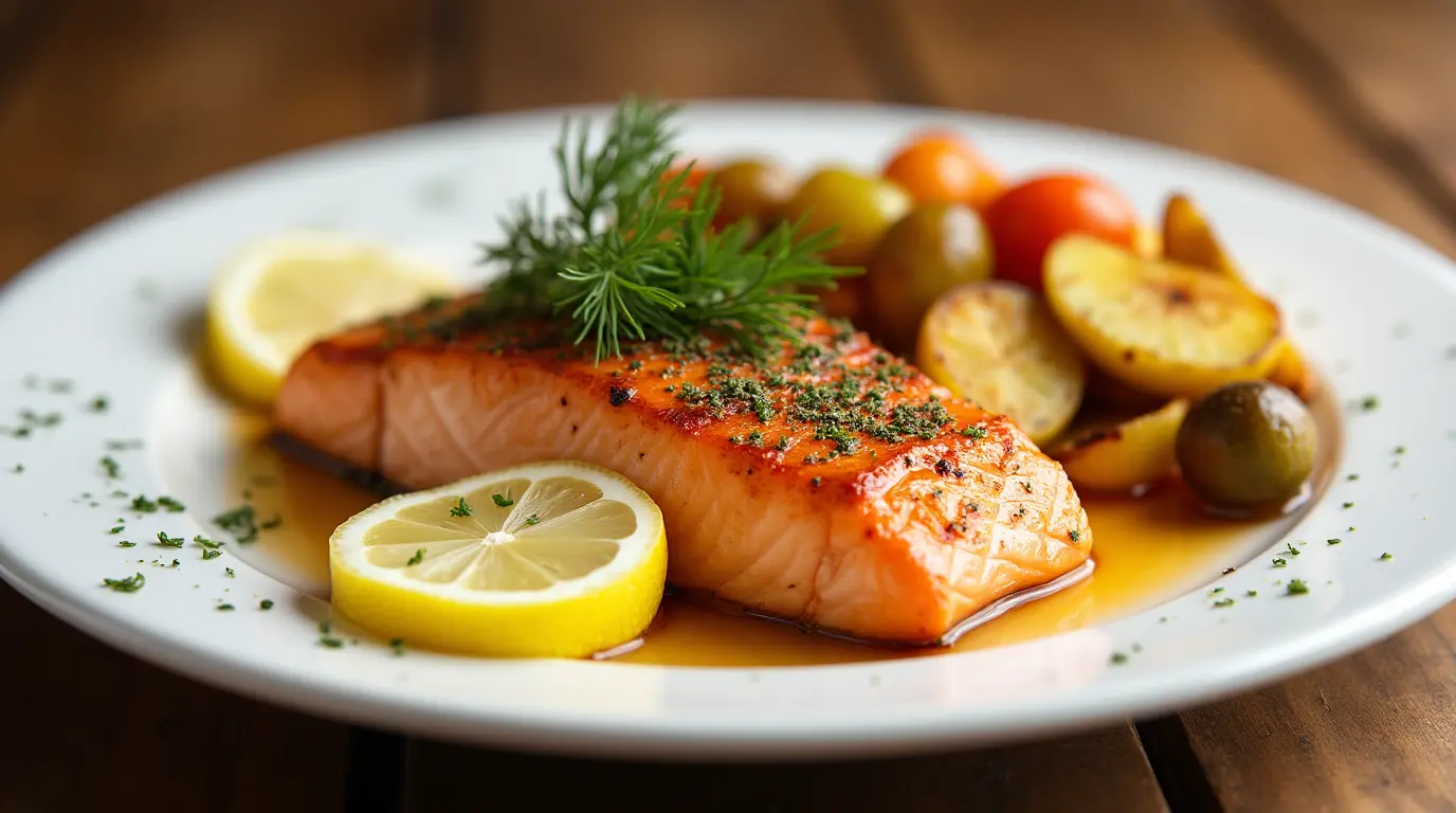 Freshly cooked kokanee salmon with lemon and dill.