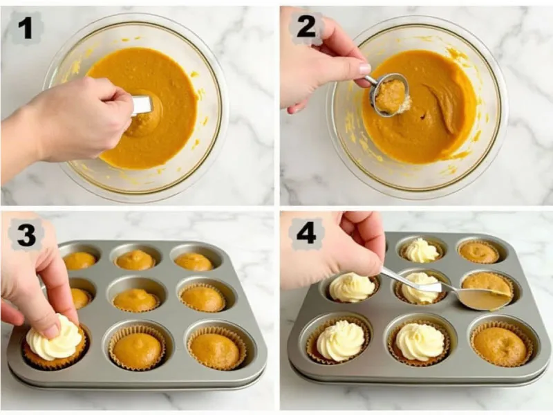 How to Make the Perfect Starbucks Pumpkin Muffin 3 Step-by-step process of making pumpkin muffin batter and adding cream cheese filling.