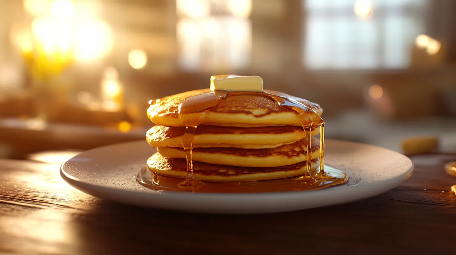 Stack of golden pancakes with butter and syrup on a plate.