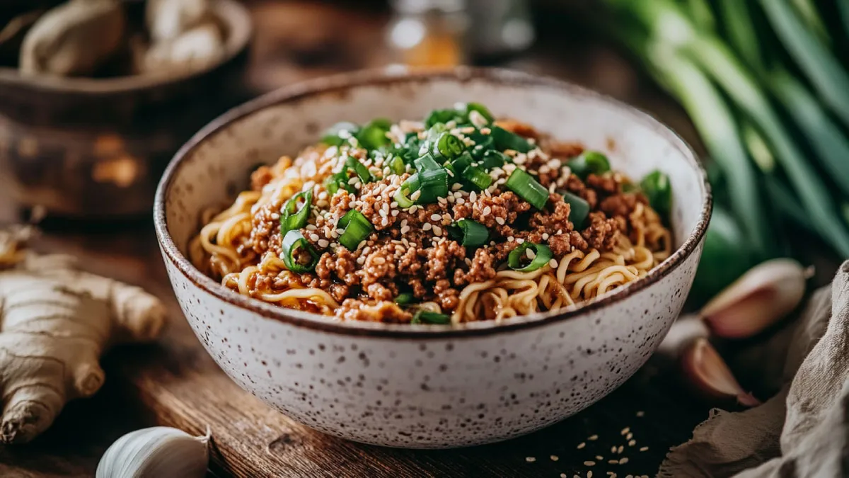 Close-up of Mongolian ground beef noodles garnished with scallions and sesame seeds.