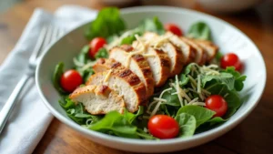 Fresh chicken salad with greens and toppings on a wooden table.