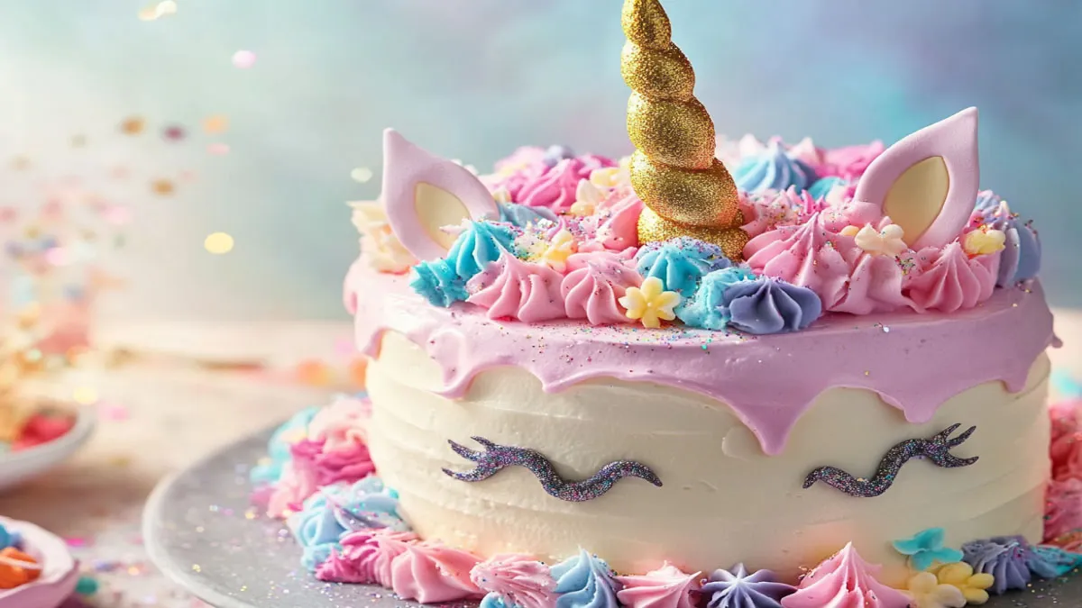 Unicorn cake with a golden horn and colorful buttercream flowers.