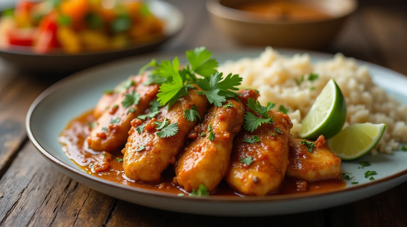 Plate of chicken in peanut butter sauce with rice and vegetables