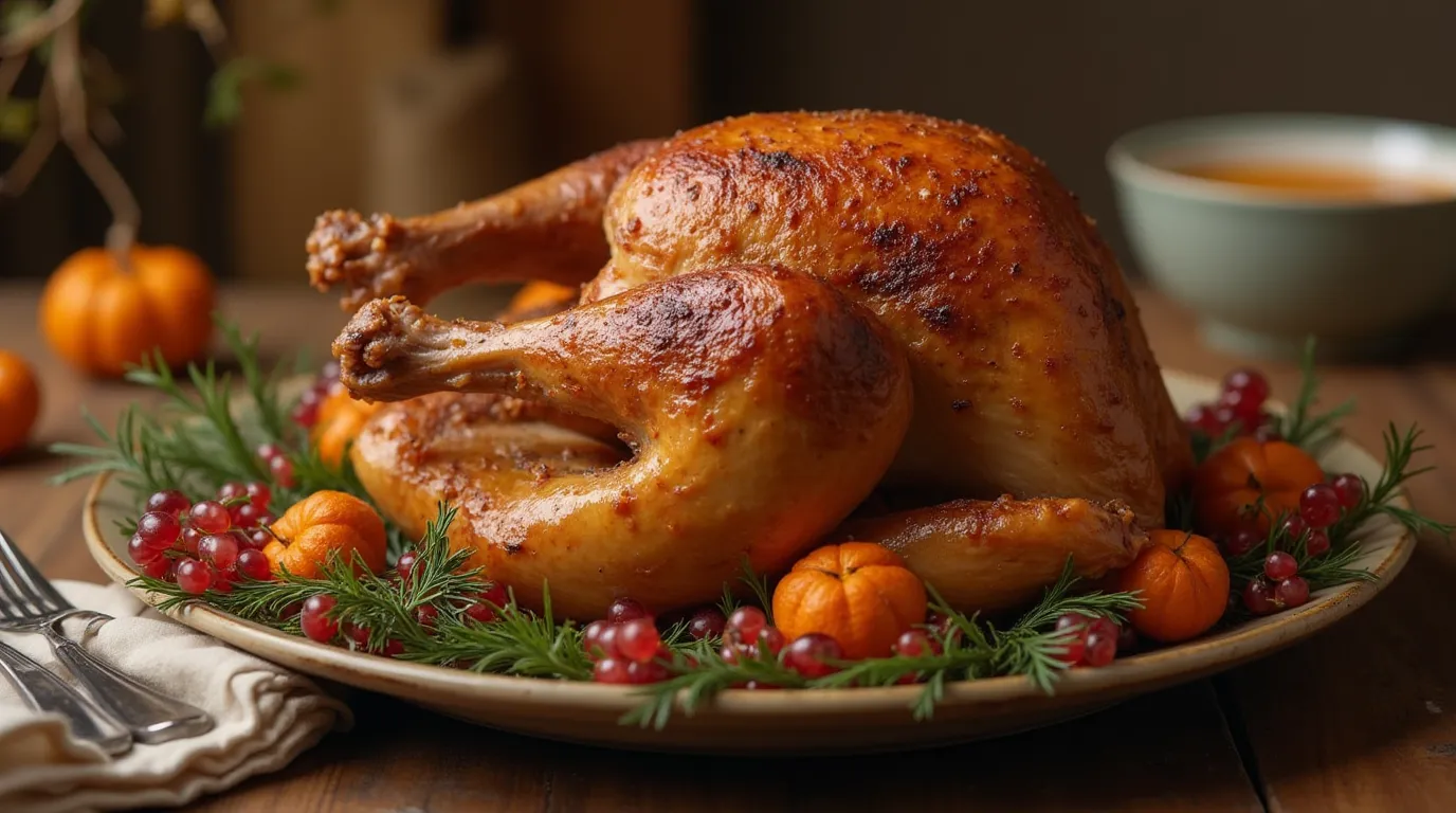 Golden roasted turkey on a festive holiday table.