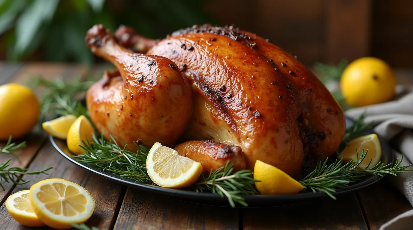 Golden-brown roasted turkey with herbs and lemon