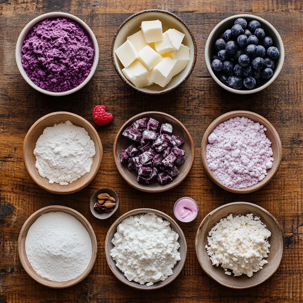 Ingredients for purple velvet cake arranged neatly on a countertop.