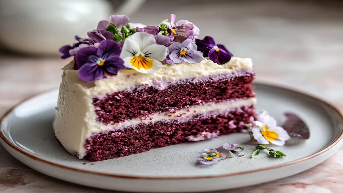 A beautifully decorated purple velvet cake with frosting and edible flowers.