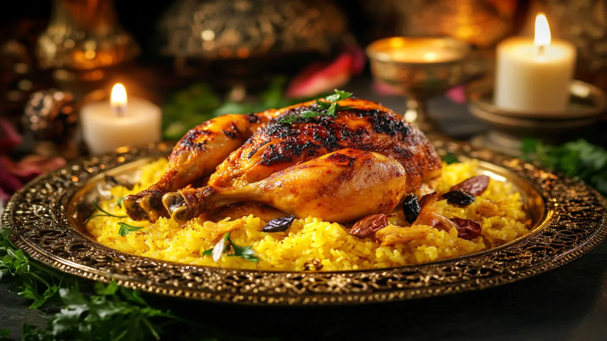 A luxurious royal chicken dish garnished with saffron.