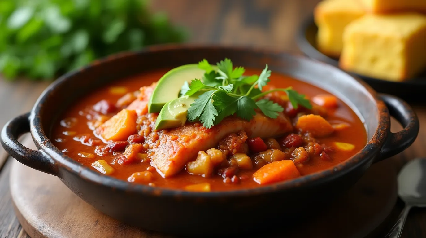 Steaming bowl of salmon chili garnished with cilantro.