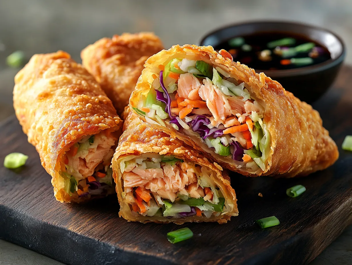 A crispy salmon egg roll with vibrant filling and dipping sauce.