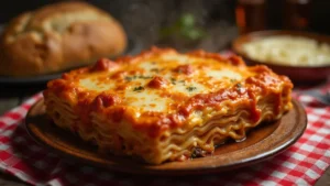 Freshly baked San Giorgio lasagna with melted cheese.