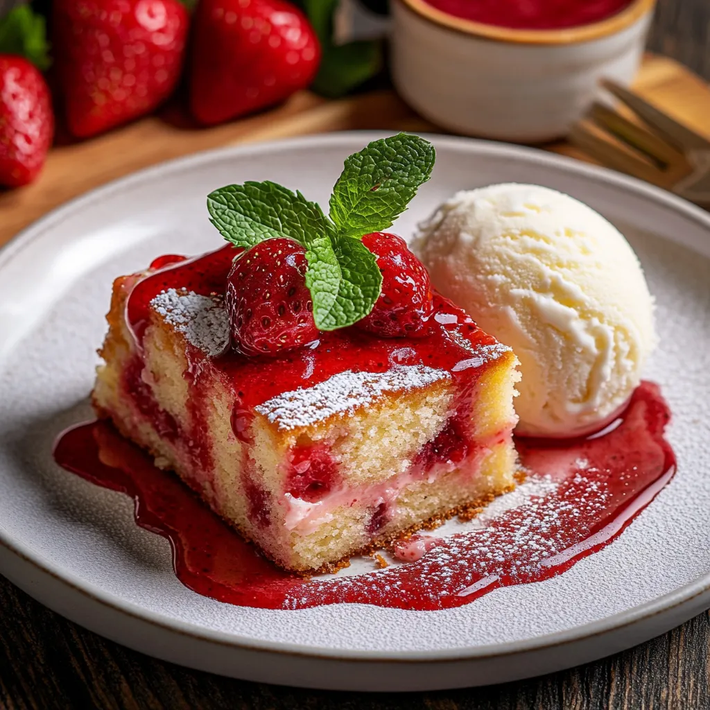 Strawberry earthquake cake slice with ice cream.